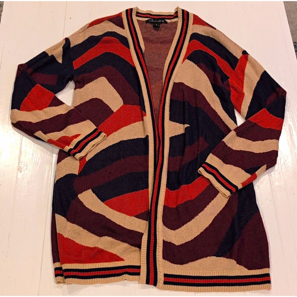 A Love Story Open Front Cardigan Womens Medium Striped Trim Cozy Fall Sweater